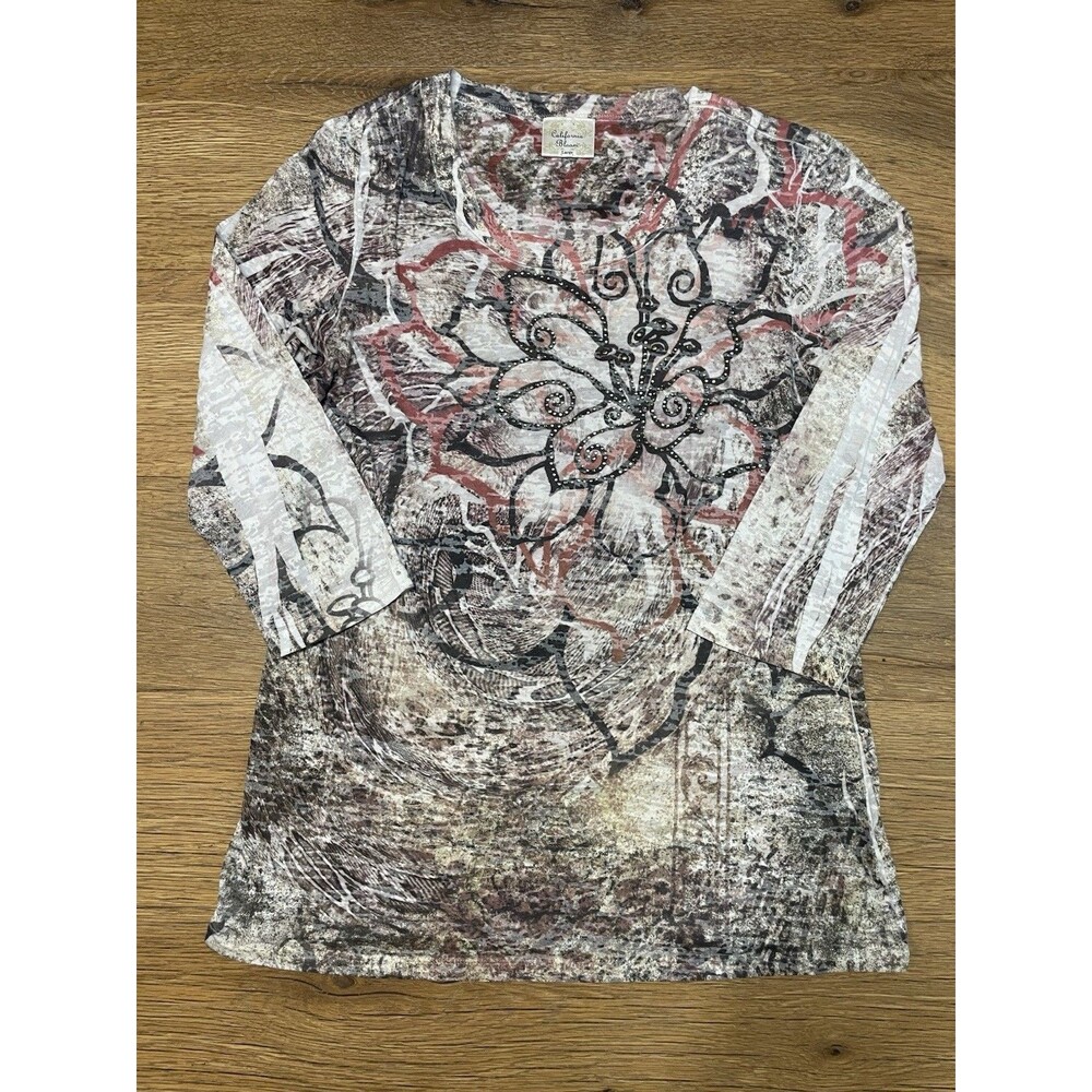 California Bloom Boho Floral 3/4 Sleeve Top Large Fairycore Y2K Aesthetic Blouse